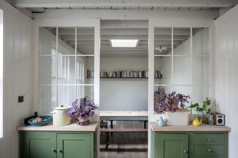 Reclaimed Wood Ceiling, Borrowed Light, Painted Brick Walls, Two Bedroom House, Glass Doors Interior, Coach House, Painting Kitchen Cabinets, Built In Wardrobe, Terrace House