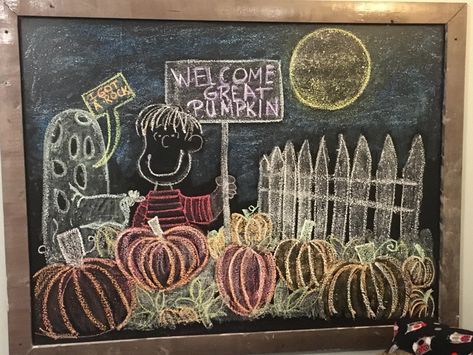 Linus in pumpkin patch Chalk board art Chalk Pumpkin Drawing, Chalk Pumpkin, Pumpkin Chalkboard, Chalkboard Drawing, Pumpkin Drawing, Chalkboard Drawings, Great Pumpkin, Chalkboard Ideas, Board Art