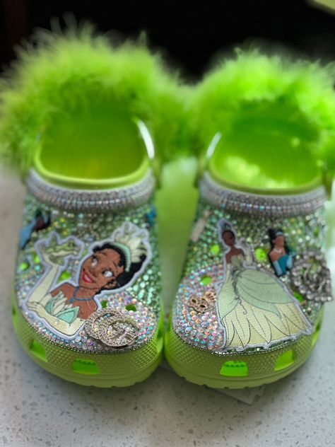 Women's size 9 princess Crocs. Junk Crocs, Customized Crocs Shoes, Blinged Crocs, Sweet 16 Shoes, Crocs Shoes Women, Croc Decorations, Bling Crocs, Bedazzled Shoes, Custom Crocs