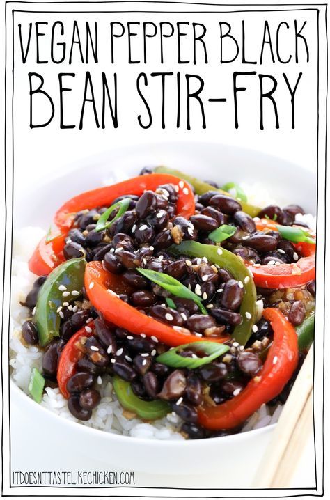 Vegan Pepper Black Bean Stir-Fry Vegetarian Pepper Steak, Black Beans And Peppers, Vegan Pepper Recipes, Black Bean Stir Fry, Bean Stir Fry, Pepper Beef, Vegan Stir Fry, Steak Dishes, Teriyaki Tofu