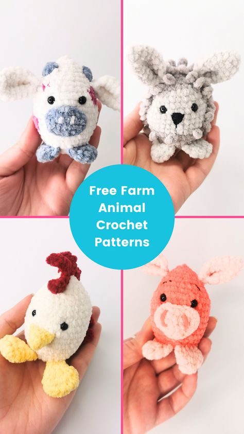 Get the free crochet patterns for these four farm animal amigurumi. They're quick to make and require minimal sewing. Crochet Mini Farm Animals, Crochet Farm Animals Free Pattern, Mini Farm Animals, Farm Animal Crochet, Animal Crochet Patterns, Crochet Farm Animals, Animal Amigurumi, Stitching Ideas, Crocheting Projects