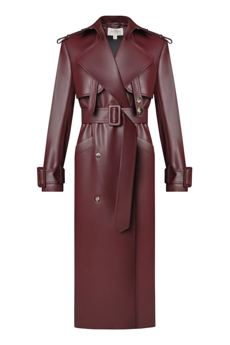 Eco leather fitted trench coat. Double breasted. Stitched. Functional pockets. Comes with a belt. Belted sleeves and shoulders. Slitted back. Decoration neck belt. Lined. Color: burgundy. Shell: 100% Polyester with PU coating Lining: 100% Polyester Made in Georgia Burgundy Leather Trench Coat, Burgundy Leather Coat, Styling Coats, Fitted Trench Coat, Burgundy Outfits, Burgundy Trench Coat, Burgundy Coat, Leather Jacket Outfit Men, Asymmetrical Coat