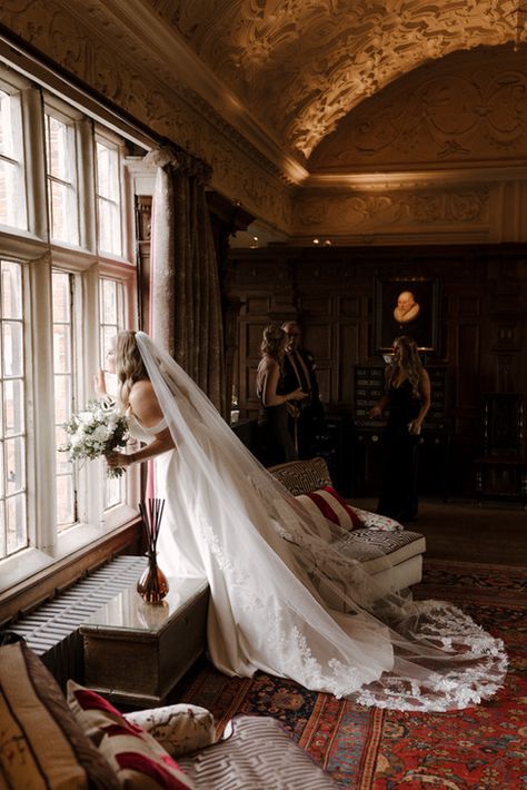 Bride looking out of window of large country ,manor house Chatsworth House Wedding, Traditional British Wedding, Uk Countryside Wedding, Wedding Manor House, Manor House Wedding Reception, English Country House Wedding, Country Manor Wedding, English Manor Wedding, Country Estate Wedding