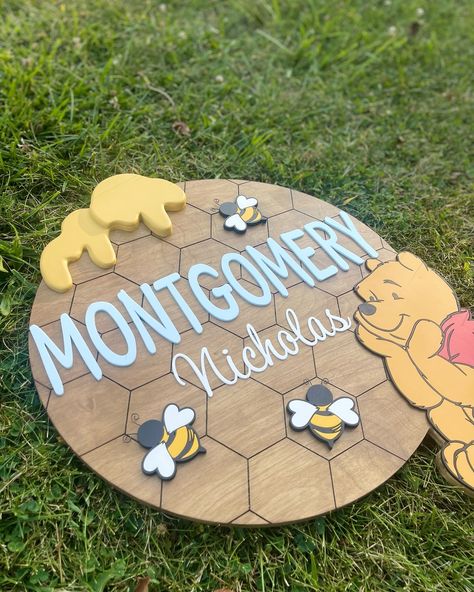 He deserves some Stills! He turned out adorable. What do you think? Follow for more custom signs, seasonal decor and more #custom #customsigns #signmaker #nursery #nurserydecor #nurserynamesign #namesign #namesigns #baby #pooh #poohbear #winniethepooh #woodsigns #customwoodsign #comissionsopen #etsy #etsyfinds #smallbusiness #supportsmallbusiness #woodartist #woodart #woodlogo #woodcarving #cnc #omtechlaser #trending #michigansmallbusiness #shoplocal #fyp #momtobe Wood Logo, Winnie The Pooh Nursery, Vintage Winnie The Pooh, Sign Maker, Wood Artist, Nursery Name, Pooh Bear, Custom Wood Signs, Name Signs