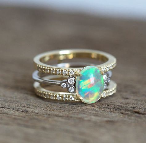 Gold Opal Jewelry, Opal Wedding Set, Cluster Diamond Ring, Diamond Ring Unique, Opal And Diamond Ring, Opal Engagement Ring Set, Wedding Ring Sets Unique, Opal Diamond Ring, Double Band Rings