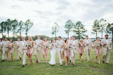 Spring Bridal Party Attire, Pink And Tan Wedding Party, Light Pink And Khaki Wedding, Pink Wedding Party Attire, Blush Pink And Tan Wedding, Dusty Pink And Tan Wedding, Pink Wedding Party Groomsmen, Pink Bridal Party Groomsmen, Groomsmen Attire With Pink Bridesmaids