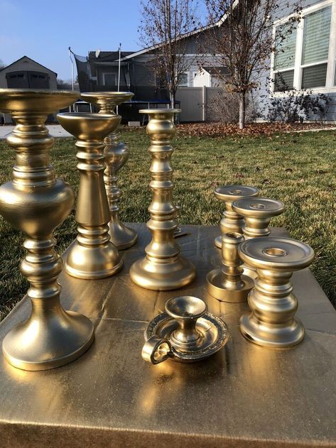 Rust to Midas Touch Candlesticks | Hometalk Spray Paint Glass Candle Holders, Gold Candle Holder, Spray Paint Candle Holders, Painted Brass Candlesticks, Gold Pillar Candle Holders, Painted Glass Candle Holders, Copper Spray Paint, Diy Candle Sticks, Candlestick Centerpiece