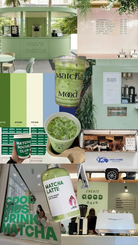 Matcha Bars, Matcha Lemonade, Matcha Cafe, Green Cafe, Smoothie Shop, Coffee Trailer, Brunch Club, Matcha Drink, Cafe Interior Design