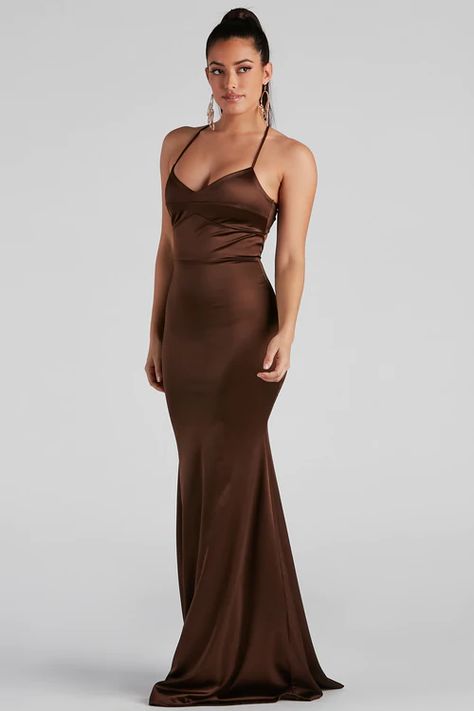 Wedding Guest Dresses & Outfits | Dress Shoes, Bottoms & More | Windsor Formal Satin Dress, Brown Satin Dress, Glitter Prom Dresses, Classy Prom, Stretch Satin Fabric, Tie Back Dress, Outfits Dress, Short Summer Dresses, Sequin Prom Dresses