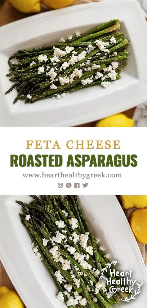 This recipe for Roasted Asparagus with Feta cheese is so simple yet bursting with flavor. It's baked with olive oil and spices so the spears get super tender. Then the asparagus is finished with a lemony dressing and top with feta cheese. YUM! #asparagusrecipes #asparagus #roastedasparagus #easysidedishes Feta Asparagus, Oven Baked Asparagus, Healthy Greek Recipes, Lemony Dressing, Asparagus Recipes Oven, Best Asparagus Recipe, Grilled Asparagus Recipes, Asparagus Recipes Baked, Asparagus Recipes Roasted