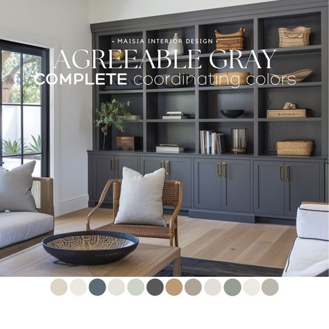 Colors That Go With Coventry Grey, Built Ins Paint Color, Agreeable Gray Sherwin Williams Living Room, Playroom Colors Paint, Agreeable Gray Complimentary Colors, Agreeable Gray Color Palette, Family Room Color Scheme, Agreeable Gray Color Scheme, Office Color Scheme