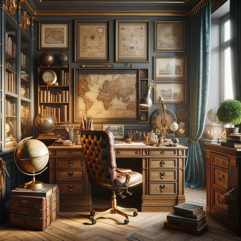 #homeoffice #productivity #workspace #homework #interiordesign #inspire #workfromhome #motivation #organization #homedecor Old Fashioned Office Vintage, Study Desk Vintage, Masculine Office Aesthetic, Old English Study Room, Vintage Explorer Aesthetic Room, Vintage Library Office, Vintage Explorer Decor, Old Fashion Office, Antique Office Ideas