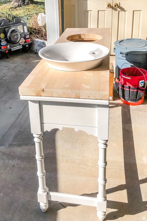 How to Turn a Console Table Into a Bathroom Vanity - Bless'er House Upcycled Bathroom Vanity, Upcycled Bathroom, Diy Bathroom Sink, Bathroom Rehab, Bathroom Table, Furniture Upcycling, Diy Bathroom Vanity, Birth Center, Diy Vanity