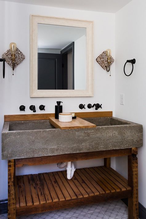 Bath Room, Ceramic Tile Floor, Vessel Sink, Wood Counter, Wall Lighting, and Wall Mount Sink The double vanity in the master bath has a concrete trough sink with a wood slab counter. Concrete Trough Garden, Cement Double Sink Bathroom, Cement Vessel Sink Bathroom, Double Vanity Trough Sink, Cement Trough Sink, Concrete Double Vanity, Double Vanity With Vessel Sinks, Long Sink Bathroom, Deep Bathroom Sink