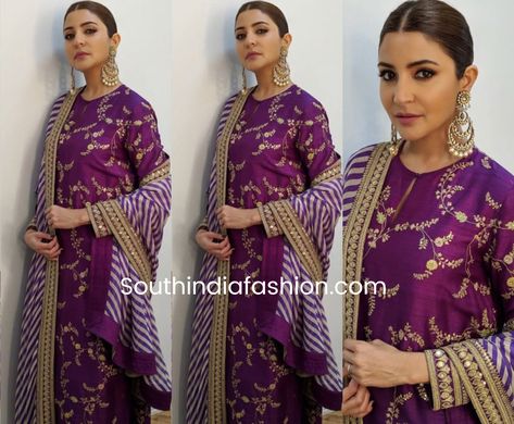 For the promotions of Sui Dhaaga, Anushka Sharma wore a purple embroidered Sabyasachi suit paired with statement gold chandbalis by Amrapali. Subtle makeup and hair tied in a neat bun rounded out her look! Sabyasachi Suits, Stylish Gown, Rayon Kurti, Subtle Makeup, Purple Suits, Kurti Set, Anushka Sharma, Designer Dresses Indian, Hair Color Dark