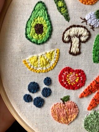 Fruits n veggies 🍑🥦 my third finished piece, still learning but really enjoying it : Embroidery Fruit And Vegetable Embroidery, Fruit Embroidery Patterns, Veggie Embroidery, Fruits Embroidery, Embroidery Fruit, Food Embroidery, Fruit Embroidery, Vintage Embroidery Patterns, Diy Embroidery Patterns