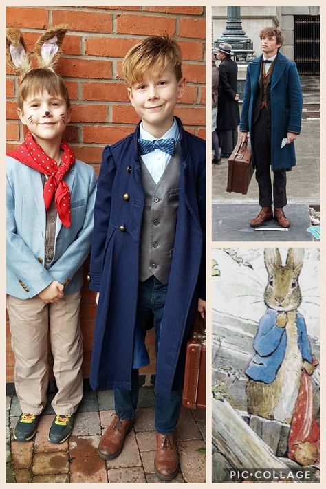 Newt Scamander and Peter Rabbit costume Peter Rabbit Family Costume, Peter Rabbit Costume Diy, Peter Rabbit Toddler Costume, Peter Rabbit Outfit, Peter Rabbit Costume, Peter Rabbit Jacket Pattern, The Tale Of Peter Rabbit Activities, E Girl Room, Rabbit Clothes