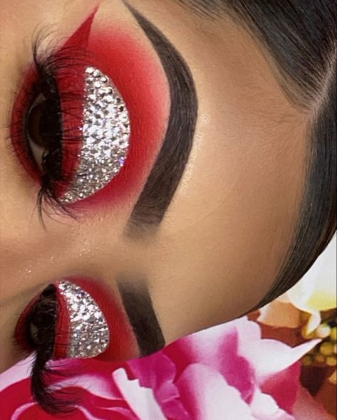 Red Valentines Makeup Looks, Red And Silver Makeup Looks, Red Birthday Makeup, Red And Silver Makeup, Red Makeup Looks Black Women, Red Rhinestone Makeup, Makeup Rhinestones, Sweet 16 Makeup, Black Makeup Looks