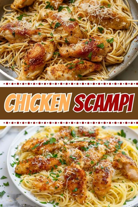 This chicken scampi is a restaurant-worthy dish no one can resist! Tender chicken is coated in a luscious garlic butter sauce and served over pasta. Ethiopia Recipes, Simple Chicken Breast Recipes, Simple Chicken Breast, Chicken Scampi Recipe, Dysphagia Diet, Casserole Meals, Chicken Scampi, Chicke Recipes, Cooked Chicken Recipes