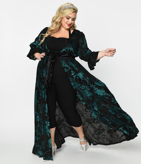 Unique Vintage Plus Size Black & Teal Floral Velvet Burnout Duster - Unique Vintage - Womens, DRESSES, MAXI Vintage Ootd, Flora Dress, Teal Velvet, Summer Plaid, Vintage Plus Size, Velvet Kimono, Retro Skirt, Velvet Burnout, Bohemian Summer