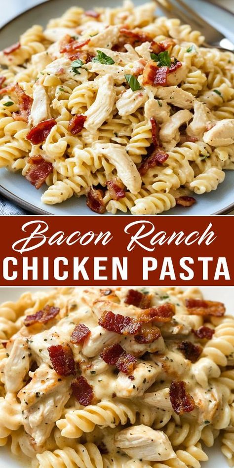 The creamy ranch dressing, crispy bacon, and tender chicken make it a family favorite. Perfect for a busy weeknight dinner or a meal prep option that will keep you coming back for more. Whether you’re looking for a hearty dinner or a quick meal, this creamy pasta will hit the spot. Serve it up with a side salad or enjoy it as a standalone dish! 😋 #BaconRanchChicken #EasyDinnerRecipe #PastaLovers #WeeknightMeals #ChickenPasta #CreamyPasta Ranch And Bacon Chicken With Penne Pasta, Easy Chicken Bacon Ranch Pasta Casserole, Chicken Bacon Ranch Alfredo Pasta Dump And Bake, Chicken Bacon Ranch Pasta With Cream Cheese, Ranch Chicken Meal Prep, Meat And Sides Dinner Ideas, Chicken Bacon Ranch Macaroni And Cheese, Chicken Bacon Ranch Baked Penne, Chicken Bacon Ranch Pasta Skillet