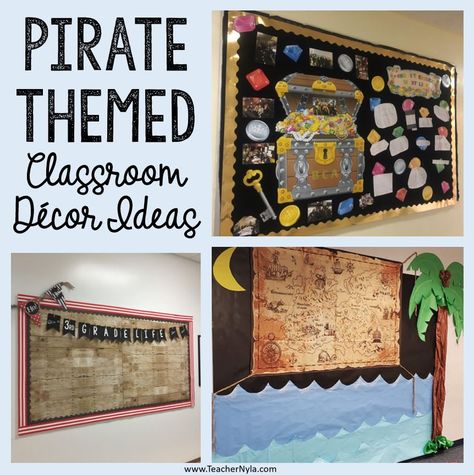 When you step into a pirate themed classroom, you know that adventure awaits. A pirate classroom theme is all about fun games that are competitive, racking up Pirate Bulletin Board Ideas, Pirate Bulletin Boards, Shiplap Bulletin Board, Pirate Theme Classroom, Pirate Classroom, Classroom Decor Ideas, Themed Classroom Decor, Bulletin Board Paper, School Hallways