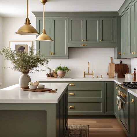 olive green and gold kitchen Olive Green Kitchen, Green Kitchen Designs, Kitchen Cabinet Color Ideas, Green Kitchen Cabinets, Green Cabinets, Gold Kitchen, Design Apartment, Kitchen Farmhouse, Kitchen Cabinet Colors