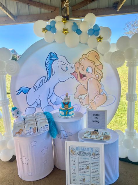 Hercules Party Ideas, Hercules First Birthday Party, 1st Birthday Disney Theme, Baby Hercules Party, First Baby Boy Birthday Themes, Hercules Baby Shower Theme, Disney 1st Birthday Boy, Cartoon Birthday Theme, Hercules Birthday Party