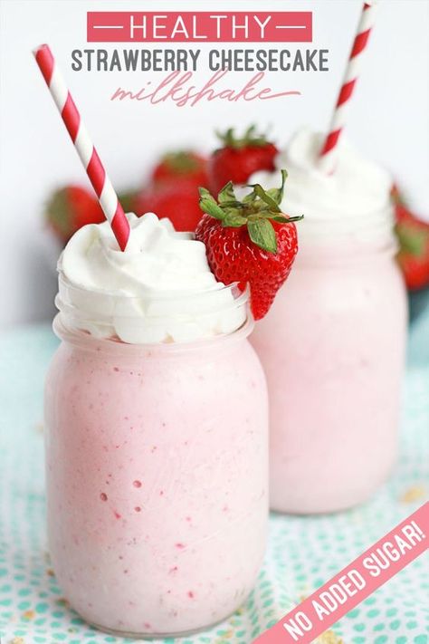 Healthy Strawberry Cheesecake Milkshake - The Many Little Joys Strawberry Cheesecake Milkshake, Healthy Strawberry Cheesecake, Cheesecake Milkshake, Healthy Milkshake Recipes, Cheesecake Healthy, Healthy Milkshake, Cheesecake Smoothie, Healthy Cheesecake, Healthy Strawberry