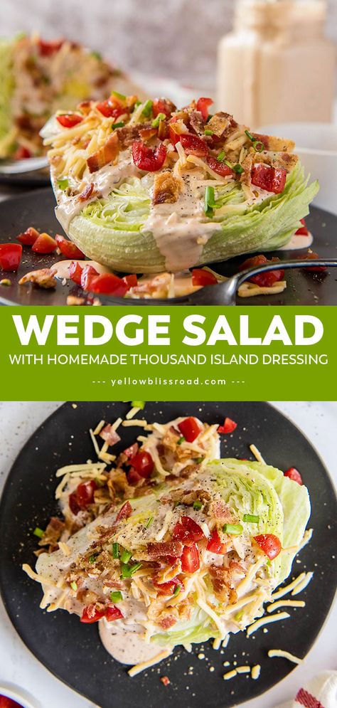 A Wedge Salad is a crisp and refreshing. Iceberg lettuce wedges topped with homemade thousand island dressing, bacon, tomatoes and pepper jack cheese. Salads With Thousand Island Dressing, Iceburgers Lettuce Salad, Thousand Island Salad, Homemade Thousand Island, Healthier Dinners, Iceberg Salad, Wedge Salad Recipes, Lettuce Wedge, Homemade Thousand Island Dressing