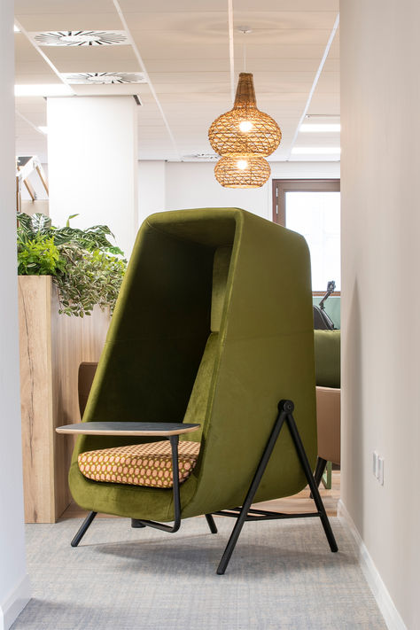 Green Muse with black metal legs and table. Neurodivergent Interior Design, Everyone Is Different, Workplace Design, Soft Seating, Office Design, Office Space, Work Space, House Design, Interior Design