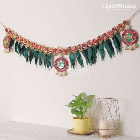 Welcome guests with this beautiful toran, hancrafted in white and gold beads, and a stunning patola print. Shop now and add a touch of traditional charm to your doorway! ☑️ Patola Toran Design, Patola Toran Making, Silver Door Toran, Khatli Toran Moti, Door Side Hangings Toran, Festival Decorations, Gold Beads, Festival, Beads