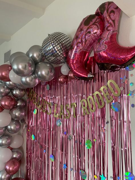 Balloon backdrop #cowgirl #spacecowgirl #bachelorette #nashbash #discoball Disco Cowgirl Photo Backdrop, Space Cowgirl Party, Preppy Cowgirl, Cowgirl Photo, Cowgirl Bachelorette Parties, 18th Bday, Cowgirl Birthday Party, Cowgirl Bachelorette, Disco Cowgirl