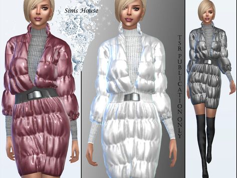 Elegant women's down jacket Metallic Found in TSR Category 'Sims 4 Female Everyday' Sims Clothes, Cc Furniture, Tunics With Leggings, Scandinavian Pattern, Clothing Winter, Sims 4 Downloads, Satin Crop Top, Sims 1, Amelia Dress