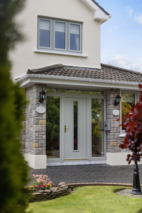 Composite front door in Agate Grey and Flush Frame windows in Agate Grey Light Grey Upvc Windows, Grey Green Windows Exterior, Green Aluminium Windows, French Grey Windows Exterior, Grey Door Exterior, Green Windows Exterior, Agate Grey Front Door, Grey Windows Exterior, Agate Grey Windows