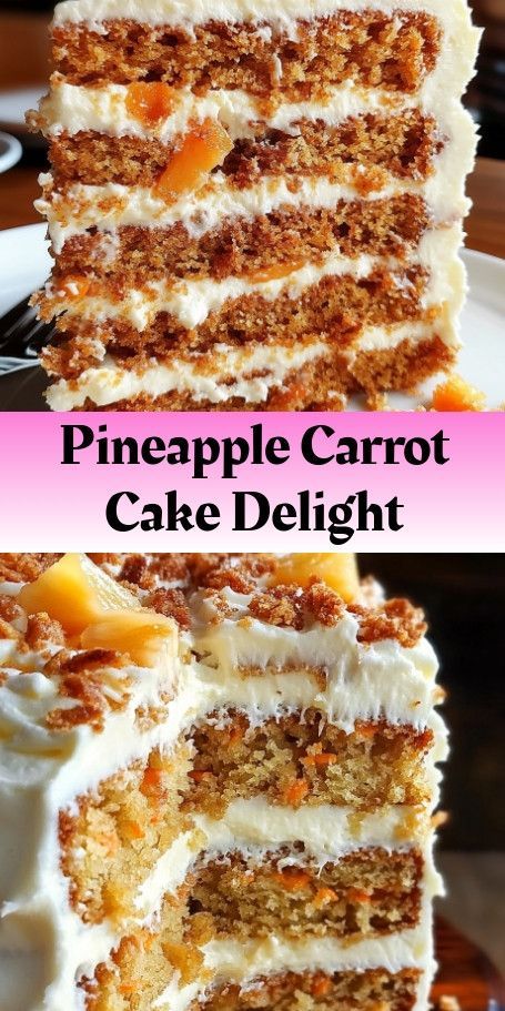 Pineapple Carrot Cake Delight Recipe - Moist and Delicious Fall Treat!" This Pinterest pin showcases our delicious Pineapple Carrot Cake Delight recipe, perfect for the fall season. The moist and tender cake is infused with pineapple and carrots, topped with a creamy cream cheese frosting. With warm spices and a hint of sweetness, this cake is a must-try for any dessert lover #CarrotCake #PineappleCarrotCake #FallBaking #CreamCheeseFrosting #HomeBaking #CakeRecipe #FallDesserts #DessertLovers" Tropical Carrot Cake Recipe, Pineapple Carrot Cake, Carrot Desserts, Classic Carrot Cake, Carrot Cake With Pineapple, Pineapple Cake Recipe, Carrot Cream, Best Carrot Cake, Pineapple Recipes