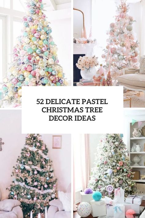 Delicate Pastel Christmas Tree Decor Ideas Christmas Tree Ideas Pastel Colors, Pastel Candy Christmas Tree Ideas, Pastel Christmas Tree Ideas, Pastel Christmas Decor Ideas, Christmas Tree Pastel Colors, Pastel Christmas Tree Decorations, Slim Christmas Trees Decorated, Colored Light Christmas Tree Ideas, Pastel Christmas Aesthetic