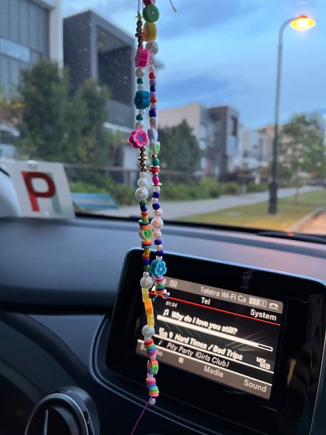 hanging beading #beading #beads #jewllery #diy #summer #australianhandmade #car #decor Bead Crafts Aesthetic, Bead Car Accessories, Beaded Car Charms Diy, Car Beads Rear View Mirror, Diy Car Hanging Accessories, Diy Car Mirror Hangers, Diy Car Charms, Car Charms Diy, Coolest Crafts