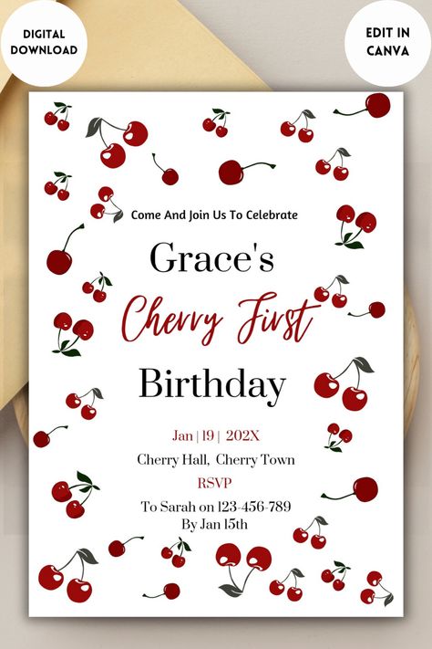 Hosting a party for your little Cherry On The Top? This cherry sweet party Invite is the perfect match for your fruity themed event! Cherries Birthday Theme, Cherry Party Ideas, Cherry On Top Birthday Party, Cherry Party Theme, Cherry Themed Party, Outdoor Party Themes, Cherry Invitation, Cherry Birthday Party Theme, Cherry Birthday Party