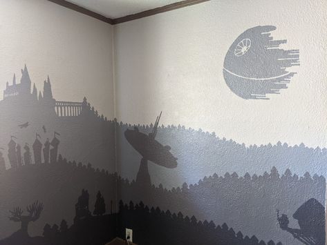 Starwars Nursery Mural, Star Wars Nursery Mural, Harry Potter Star Wars Nursery, Harry Potter And Star Wars Nursery, Nerd Nursery Ideas, Star Wars Mural Bedroom, Gamer Nursery, Lotr Nursery, Baby Boy Nursery Stars