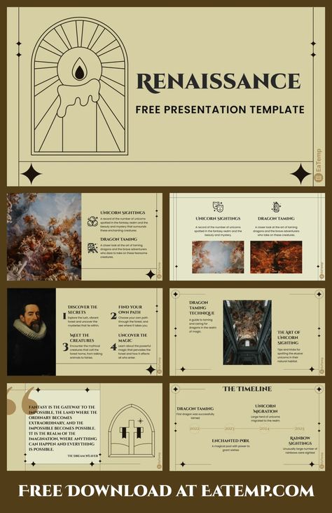 Renaissance PPT Presentation Template - Free PowerPoint Templates, Google Slides, Figma Deck And Resume Slideshow Design Layout, Figma Presentation Template, Slideshow Ideas Google Slides, Slideshow Presentation Ideas, Google Slides Templates Free Backgrounds, Aesthetic Presentation Ideas, Google Slide Layout, Aesthetic Google Slides Ideas, Free Template Powerpoint Slide Design