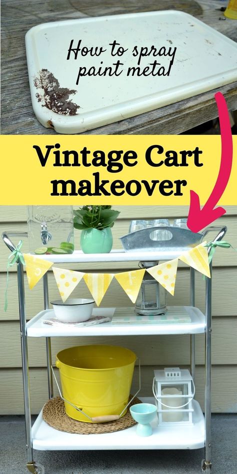 vintage metal cart styled as a drink station Vintage Metal Cabinet Makeover, How To Spray Paint Metal, Metal Cart Makeover, Vintage Metal Cart Makeover, Best Spray Paint For Metal, Spray Paint Metal Patio Furniture, Metal Cabinet Makeover, Utensil Crafts, Spray Paint Metal