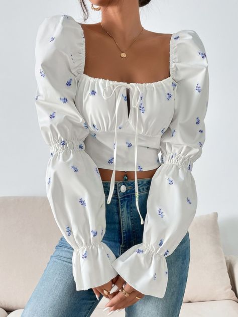 White Boho Collar Long Sleeve Fabric Ditsy Floral Top Embellished Slight Stretch  Women Tops, Blouses & Tee Floral Top Outfit, Jeans Outfit Women, Stylish Work Attire, Shirt Refashion, Joe Jonas, Trendy Summer Outfits, Crop Top Outfits, Fashion Inspiration Design, Flounce Sleeve