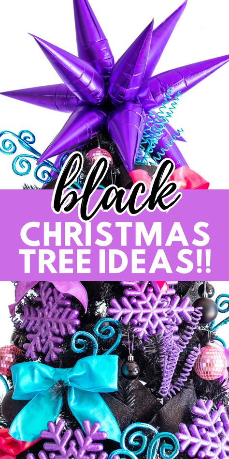 See how to decorate a black Christmas tree from @nearlynatural with bold metallic ornaments. Get a list of the best trendy purple, blue and pink metallic decorations to use. AD Black Christmas Tree Decorations, Metallic Ornaments, Best Artificial Christmas Trees, Black Christmas Tree, Mini Gingerbread House, Fake Christmas Trees, Blue Christmas Decor, Pink Ornament, Purple Decor