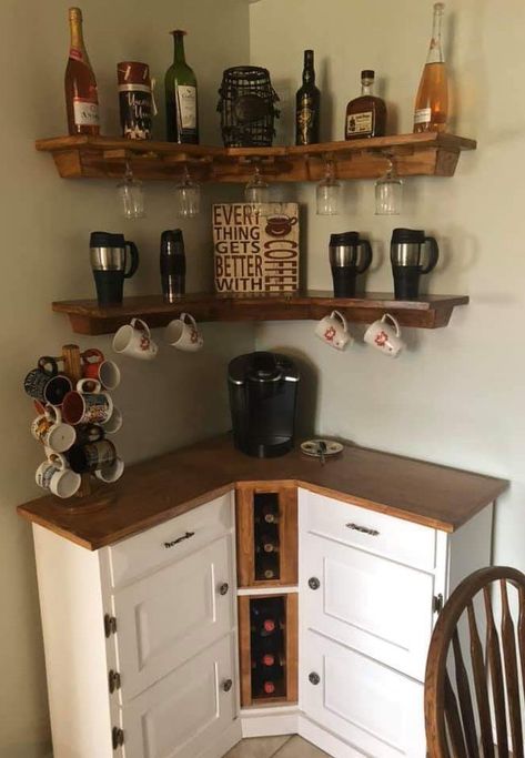 Corner Coffee Bar Ideas, Coffee Bar Ideas Home, Corner Coffee Bar, Home Coffee Bar Ideas, Corner Coffee Table, Cafe At Home, Corner Coffee, Coin Café, Coffee Bar Ideas