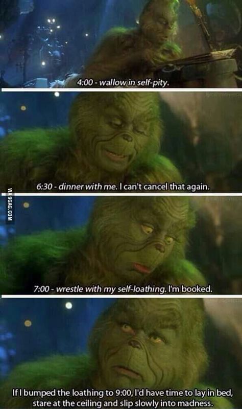 "...4:30, stare into the abyss; 5:00, solve world hunger, tell no one; 5:30, jazzercize..." - The Grinch College Memes, Self Pity, Dr Suess, Jim Carrey, College Humor, The Grinch, I Can Relate, What’s Going On, Caricatures