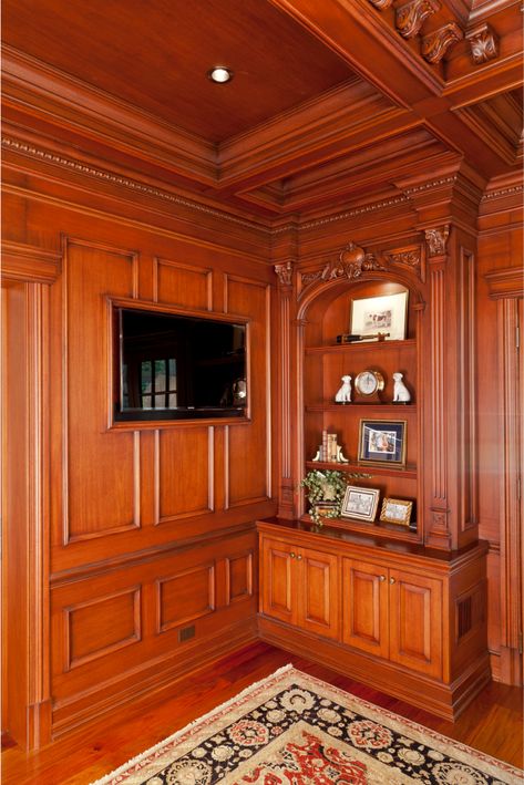 Custom Library, Library Interior, Wood Panelling, Mahogany Stain, Home Library Design, Library Design, Coffered Ceiling, Home Library, Kitchen Home