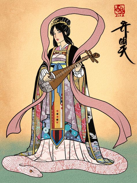 Benzaiten- japanese folklore: the fifth of thr seven lucky gods. she was the goddess of everything that flows: water, words, speech, eloquence, music and by extension, knowledge. She was also a protective deity of the state and people. She was associated with comets. Seven Lucky Gods, Buddhist Goddess, Japanese Goddess, Chinese Drawing, Japanese Myth, Goddess Of Wealth, Rainbow Serpent, Japan Tattoo Design, Japanese Mythology