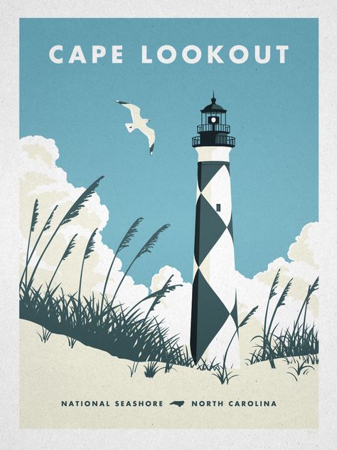 Cape Lookout poster. Lighthouse Graphic Design, House Poster Design, Cape Lookout Lighthouse, Lighthouse Poster, House Poster, Lighthouse Painting, Lighthouse Art, Vintage Poster Design, Summer Illustration