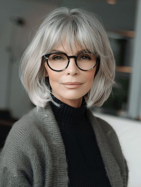 Grey Bob With Fringe, Bob With Fringe And Glasses, Short Bob Hairstyles With Fringe, Short Bob Hairstyles With Bangs, Bangs For Women Over 50, Bobbed Hairstyles With Fringe, Grey Hair And Glasses, 70 Hairstyles, Haircut Tips